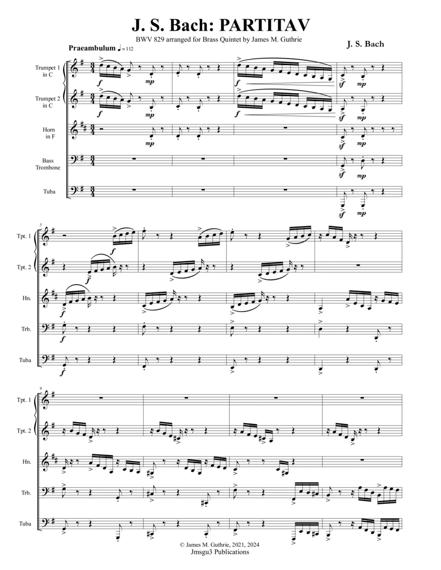 BACH: Partita No. 5 BWV 829 for Brass Quintet Brass Quintet scores gallery preview page 1