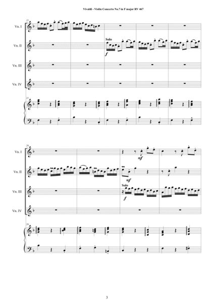 Vivaldi - Violin Concerto No.7 in F major RV 567 Op.3 for 4 Violins and Piano - Score and Parts