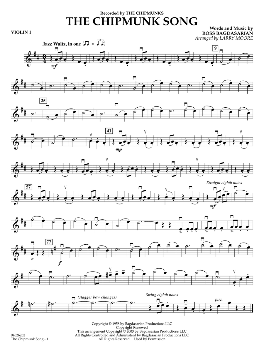 The Chipmunk Song (arr. Larry Moore) - Violin 1 String Orchestra scores gallery preview page 1