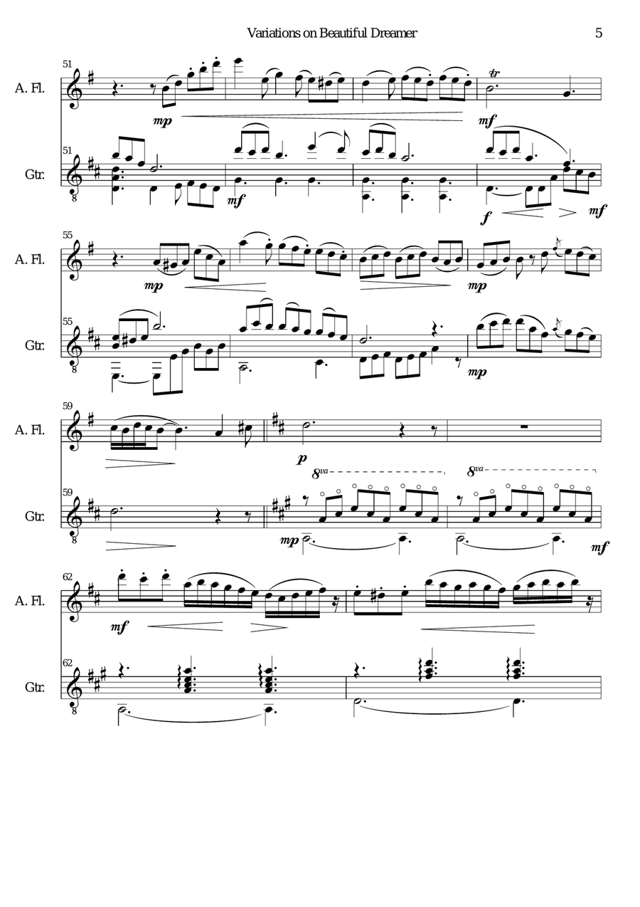 Variations on Beautiful Dreamer for alto flute and guitar Flute scores gallery preview page 5
