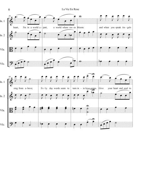 La Vie En Rose for String Quartet Intermediate/Advanced includes English lyrics in 1st violin image number null