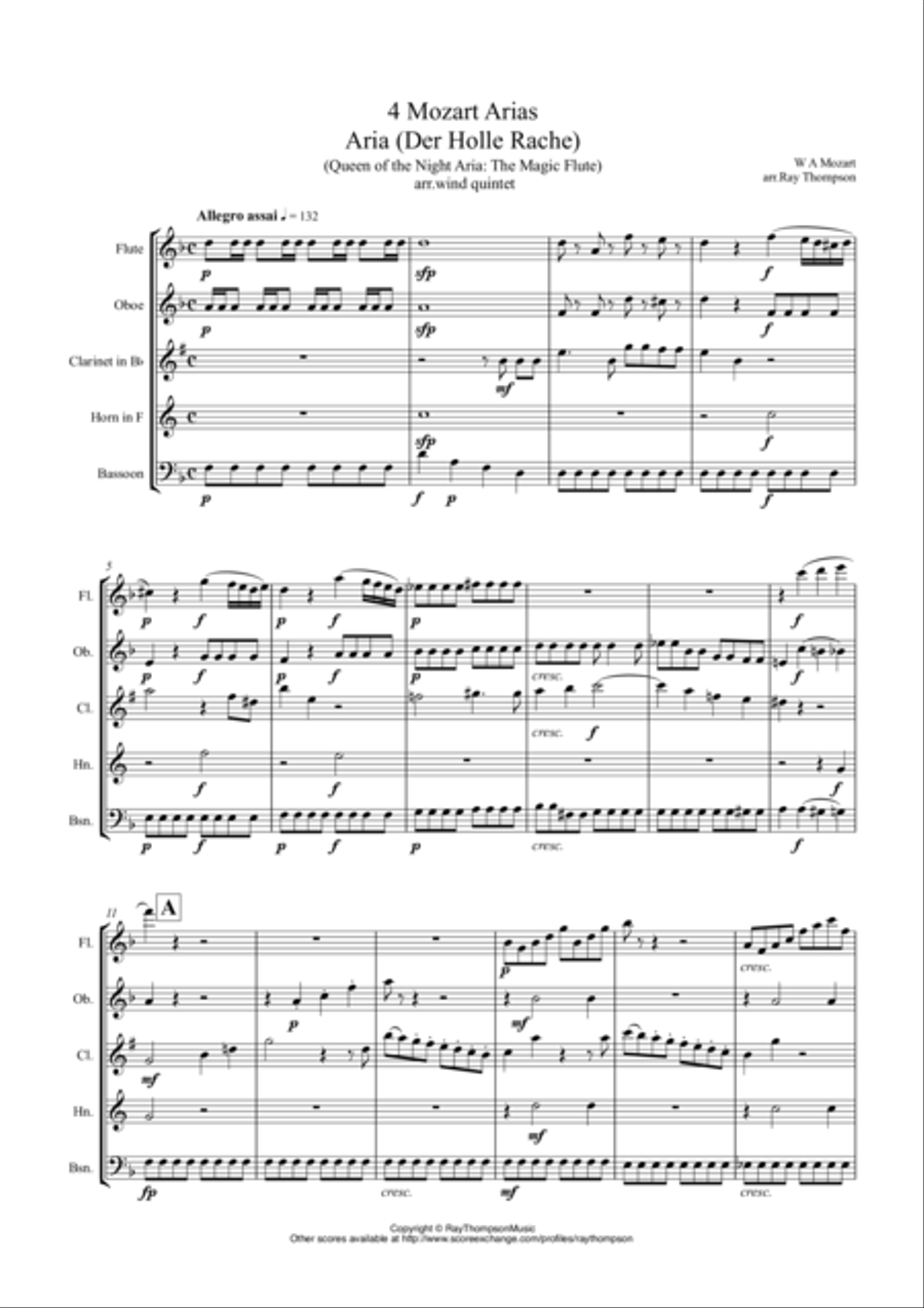 Mozart: 4 Popular Operatic Arias - wind quintet Woodwind Quintet scores gallery preview page 1