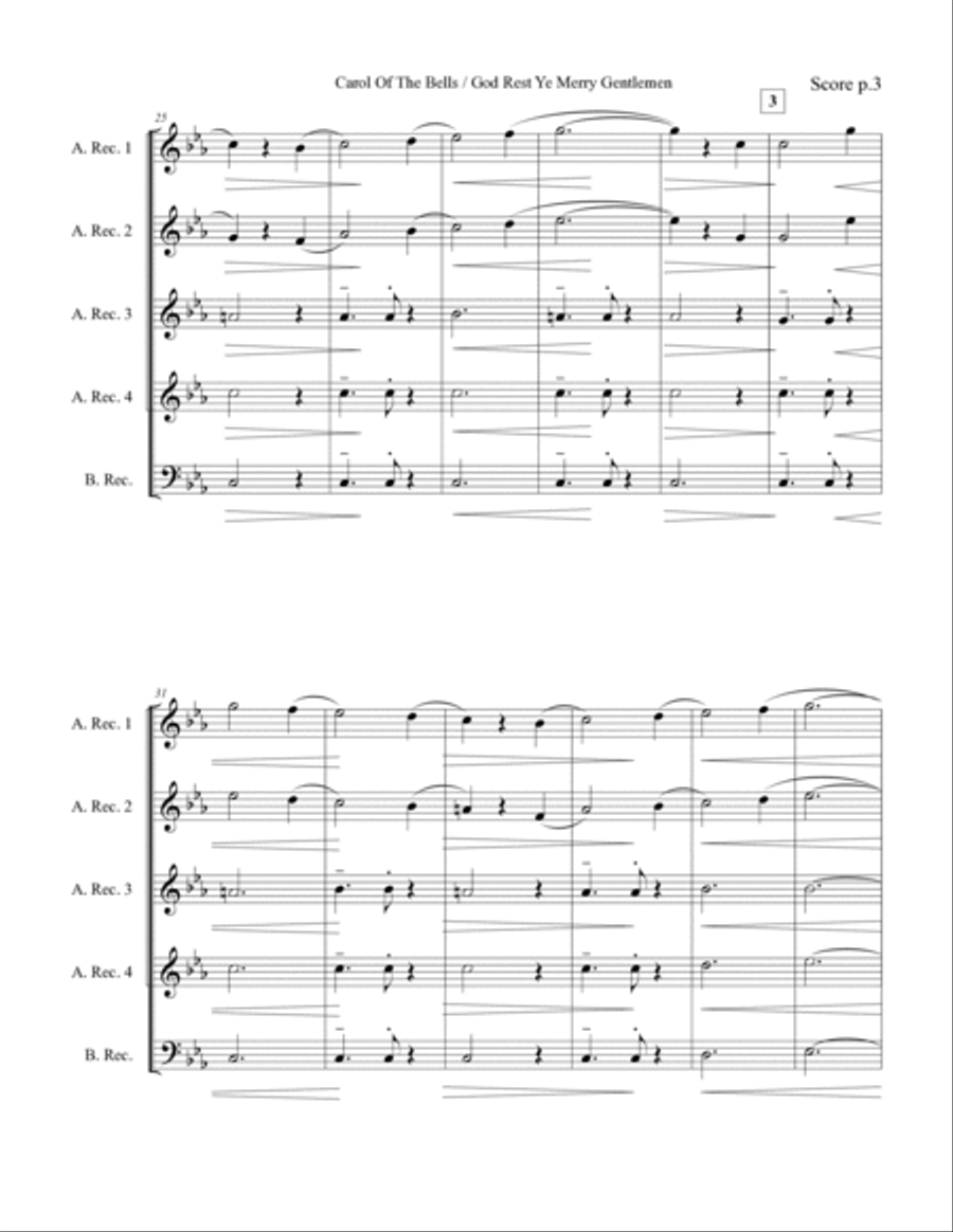 Carol Of The Bells / God Rest Ye Merry Gentlemen - 4 Alto recorders (with optional 5th bass part) Woodwind Duet scores gallery preview page 5