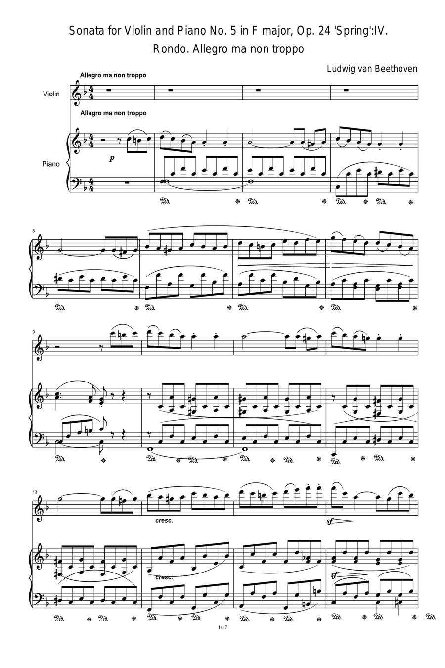 Sonata for Violin and Piano No. 5 in F major, Op. 24 'Spring':IV. Rondo. Allegro ma non troppo String Duet scores gallery preview page 1