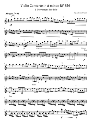 Book cover for Violin Concerto in A minor, RV 356 - 1 Movement For Solo