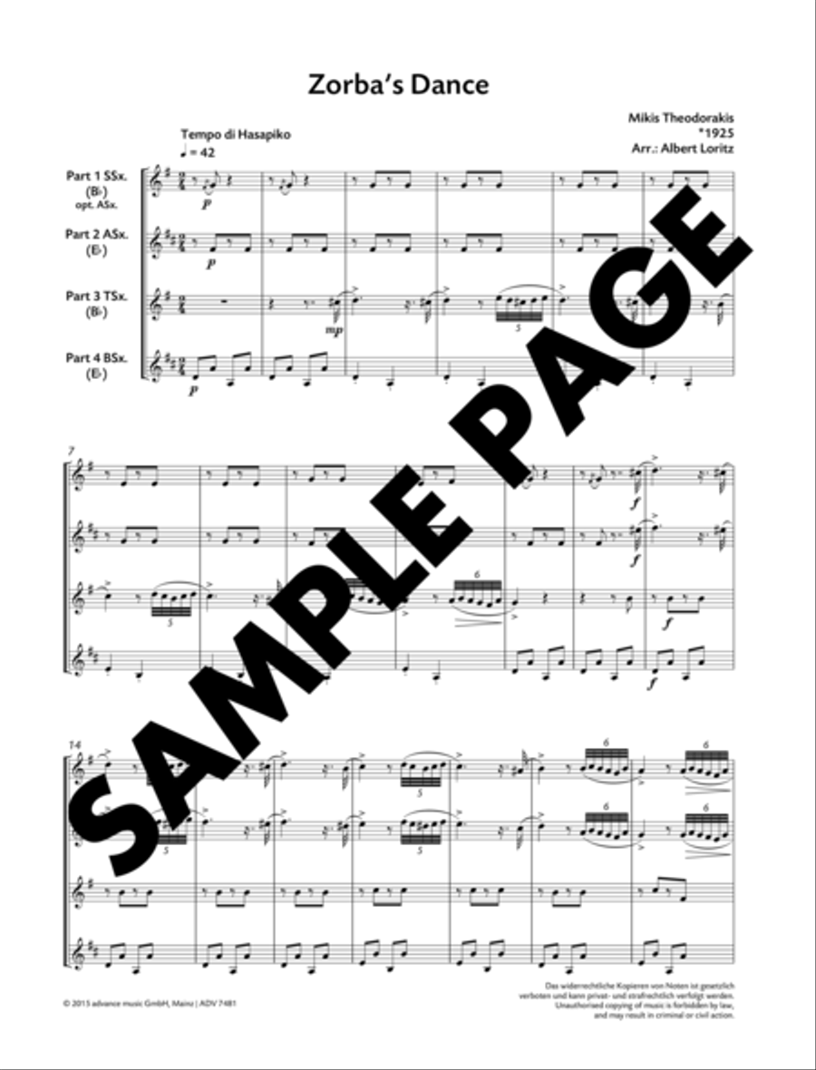 Zorba's Dance Saxophone Quintet scores gallery preview page 2