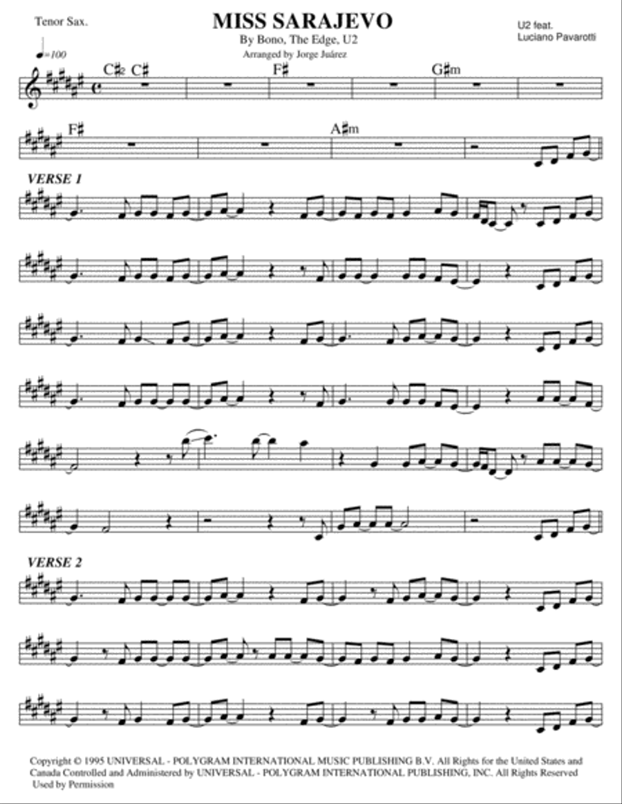Miss Sarajevo Tenor Saxophone scores gallery preview page 1