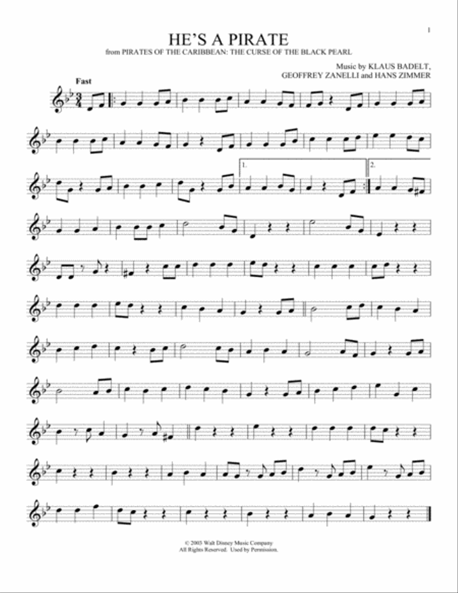He's A Pirate (from Pirates Of The Caribbean: The Curse Of The Black Pearl) ocarina scores gallery preview page 1