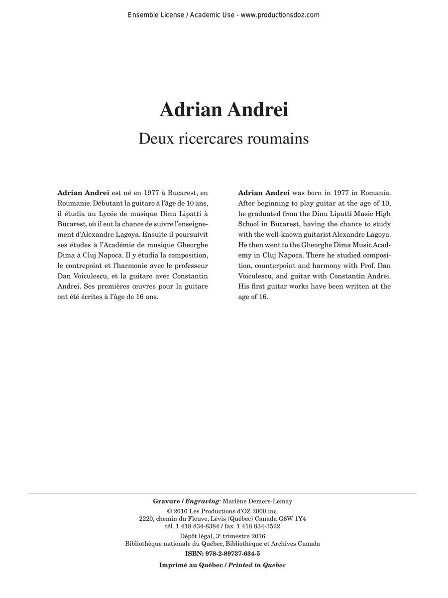 Deux ricercares roumains Deux ricercares roumains Classical Guitar scores gallery preview page 1