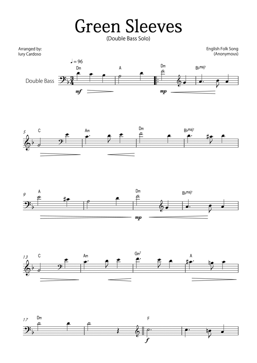 "Green Sleeves" - Beautiful easy version for DOUBLE BASS SOLO. image number null