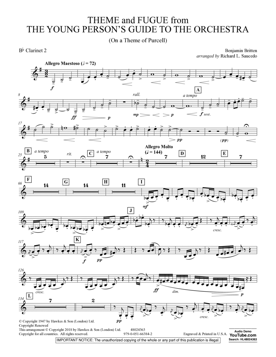 Theme and Fugue from The Young Person's Guide to the Orchestra - Bb Clarinet 2 B-Flat Clarinet scores gallery preview page 1