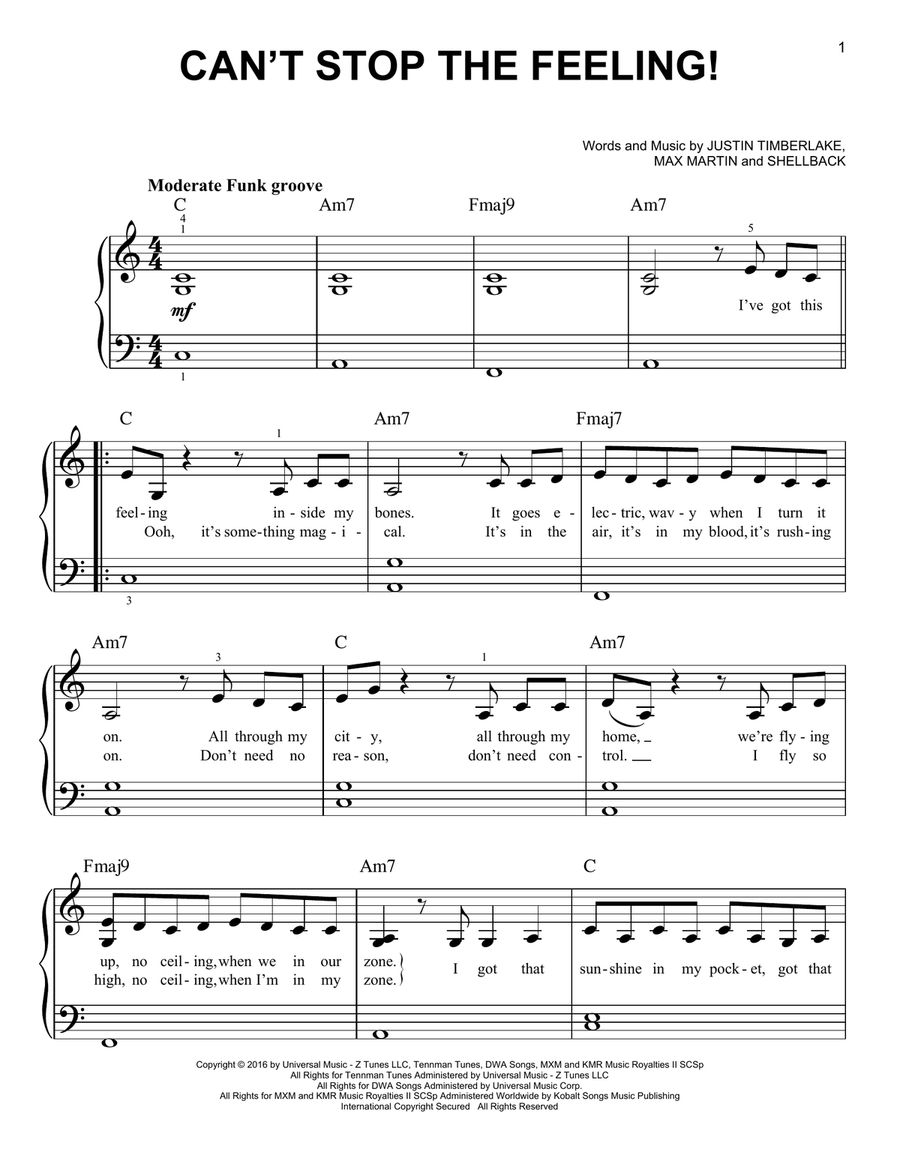 Can't Stop The Feeling Easy Piano scores gallery preview page 1