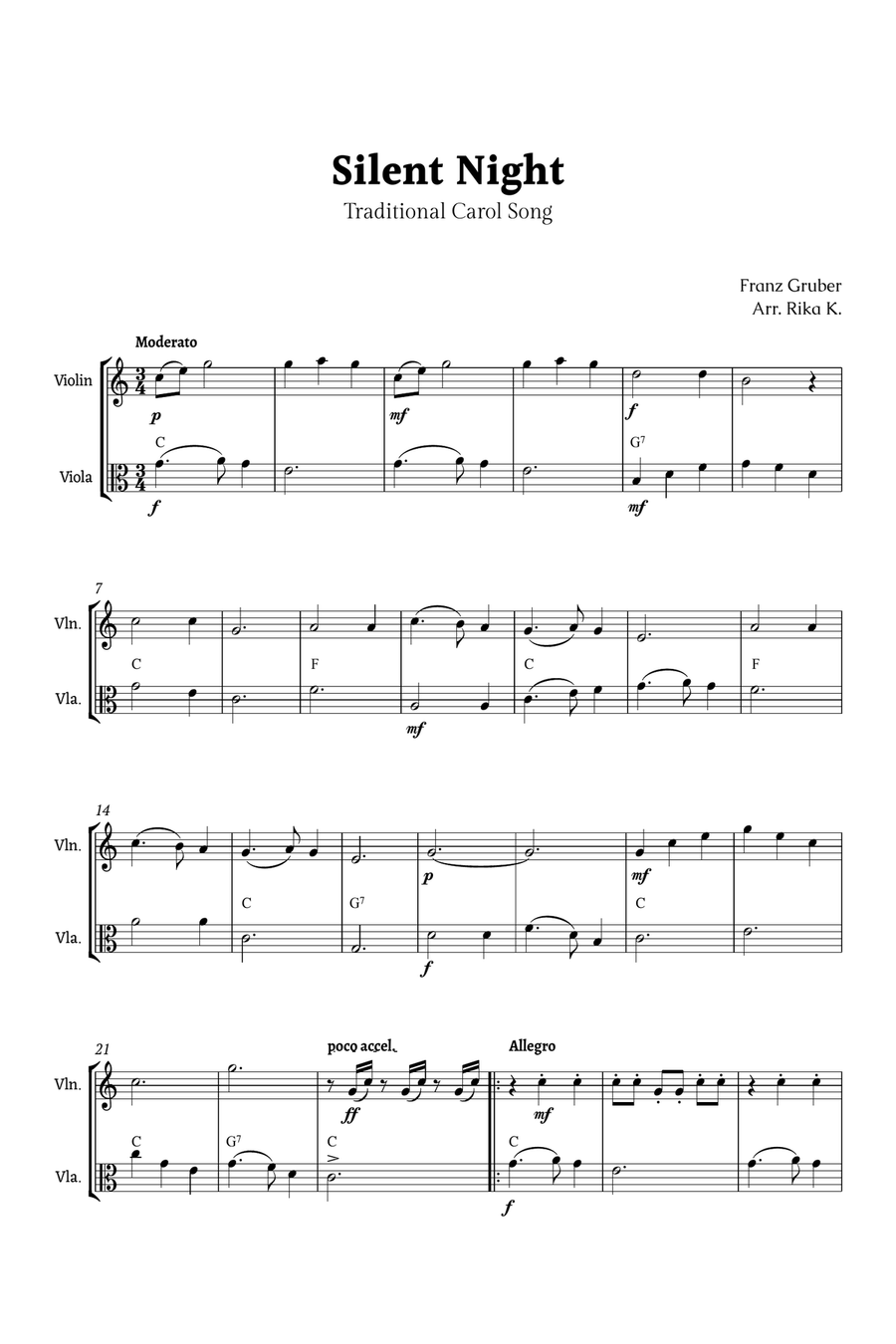 Silent Night for Violin and Viola Duet String Duet scores gallery preview page 1