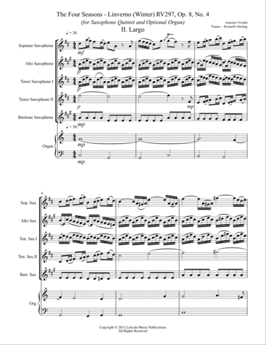 Vivaldi – L’inverno “Winter” 2. Largo from The Four Seasons - (for Saxophone Quintet SATTB) Saxophone Quintet scores gallery preview page 2