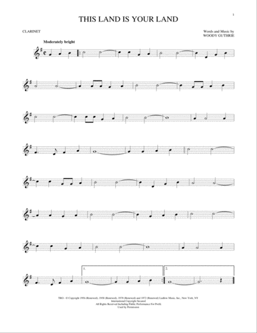 This Land Is Your Land Clarinet Solo scores gallery preview page 1