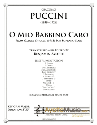 Puccini O Mio Babbino Caro, aria for Soprano. Full Score and Parts with Rehearsal Piano