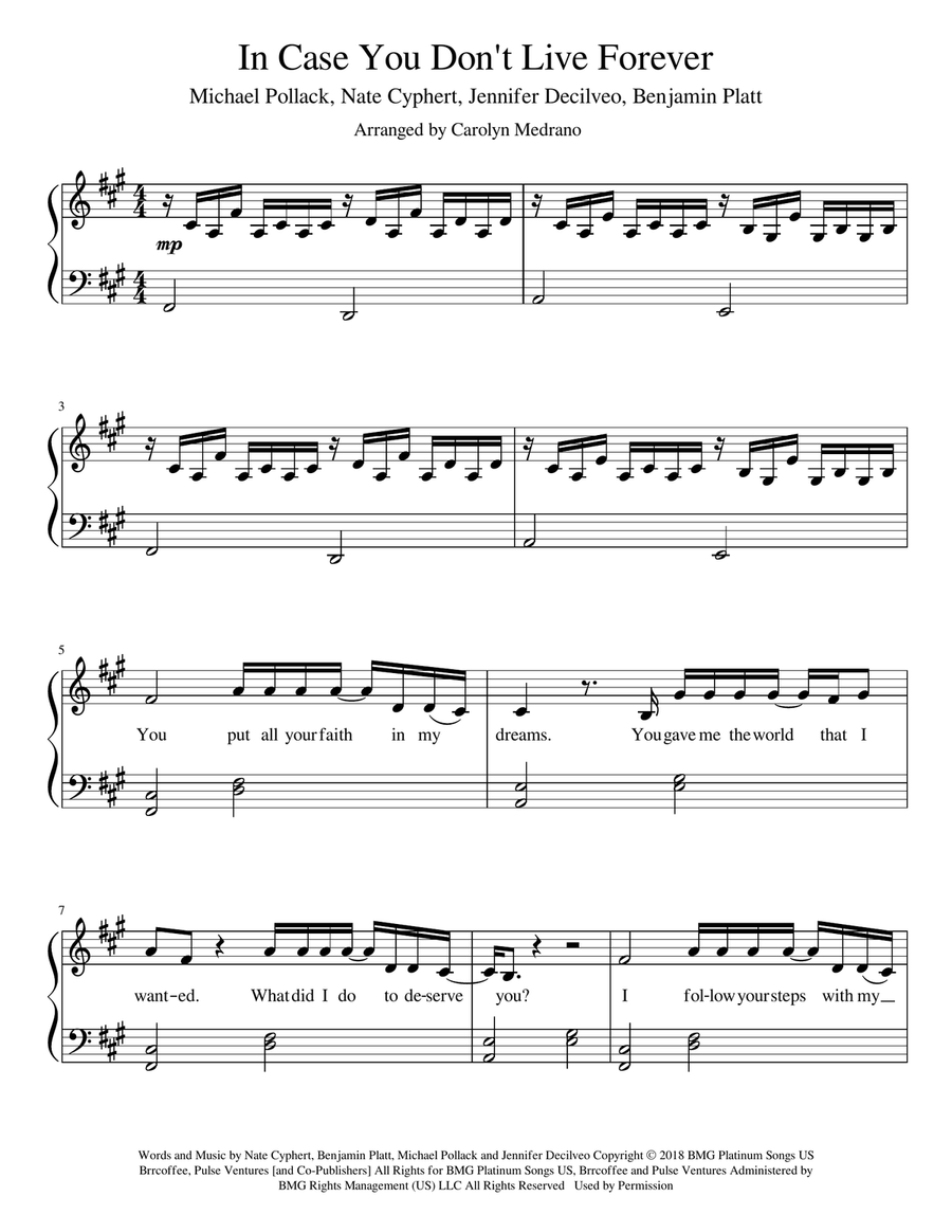 In Case You Don't Live Forever Piano Solo scores gallery preview page 1