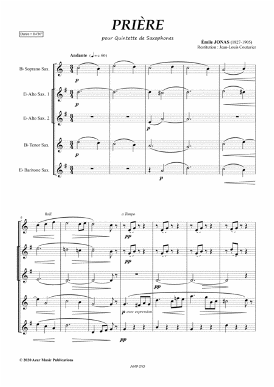Emile JONAS (1827-1905) PRIERE for Saxophone Quintet (SAATB) Saxophone Quintet scores gallery preview page 4