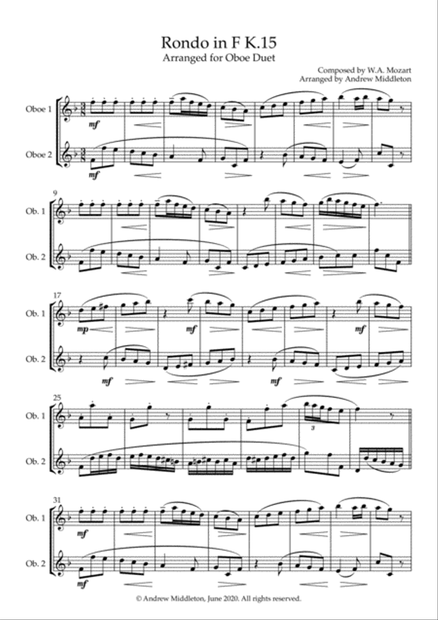 Rondo in F K.15 arranged for Oboe Duet image number null