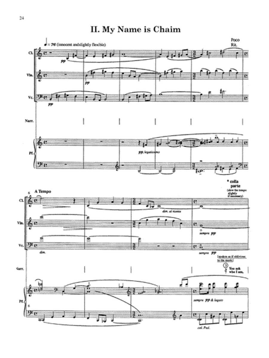 Sparks of Glory for Violin, Clarinet, Piano, Cello and Narrator (Full Score Only)