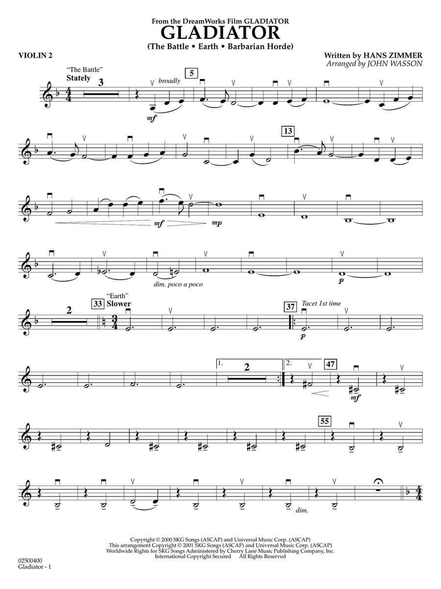 Gladiator (arr. John Wasson) - Violin 2 String Orchestra scores gallery preview page 1