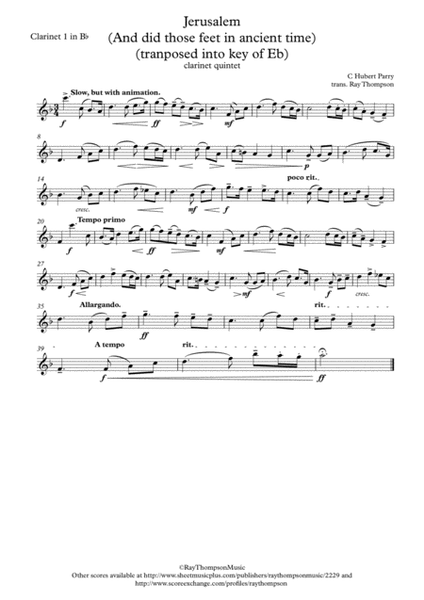 Parry: "Jerusalem" (And did those feet in ancient times) (trans into key of Eb) - clarinet quintet image number null