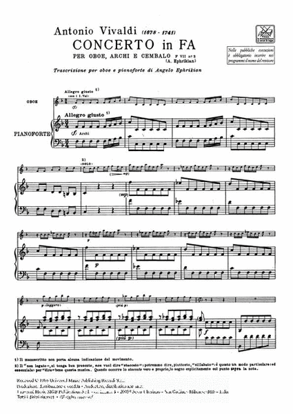 Concerto per Oboe, Archi e BC: in Fa Rv 455