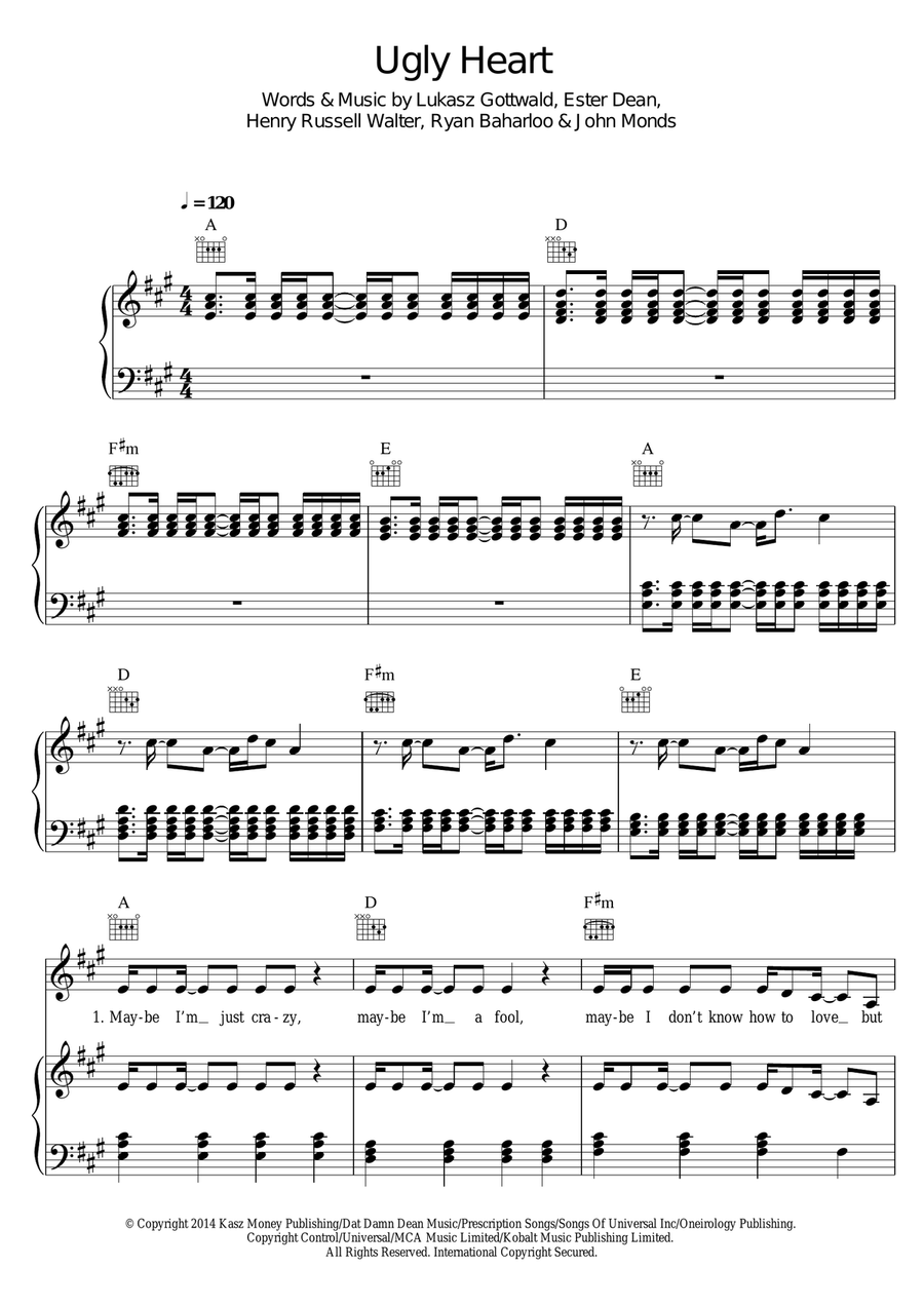 Ugly Heart Piano, Vocal, Guitar scores gallery preview page 1