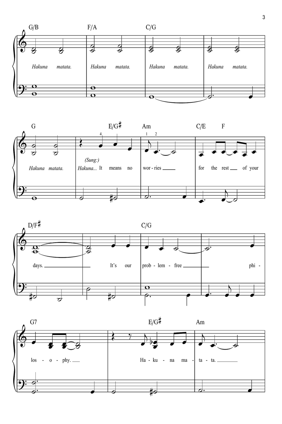 Hakuna Matata (from The Lion King) Easy Piano scores gallery preview page 3