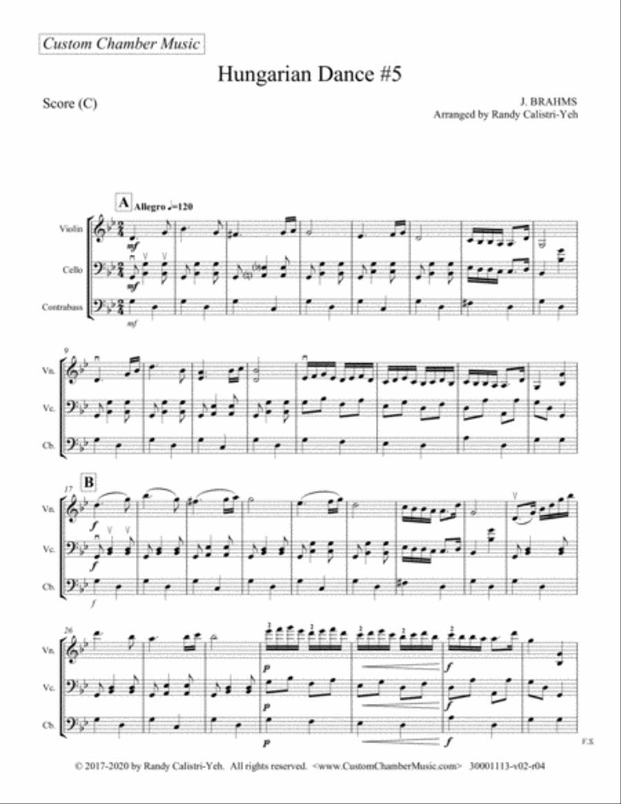 Brahms Hungarian Dance #5 (string duo/trio) String Trio scores gallery preview page 2