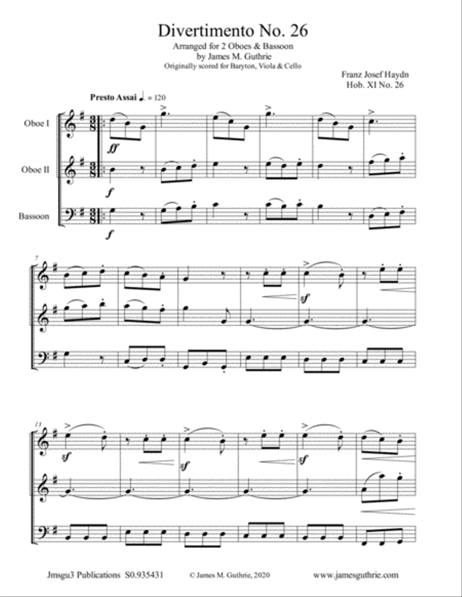 Haydn: Divertimento No. 26, Trio for Oboe Duo & Bassoon Woodwind Trio scores gallery preview page 1