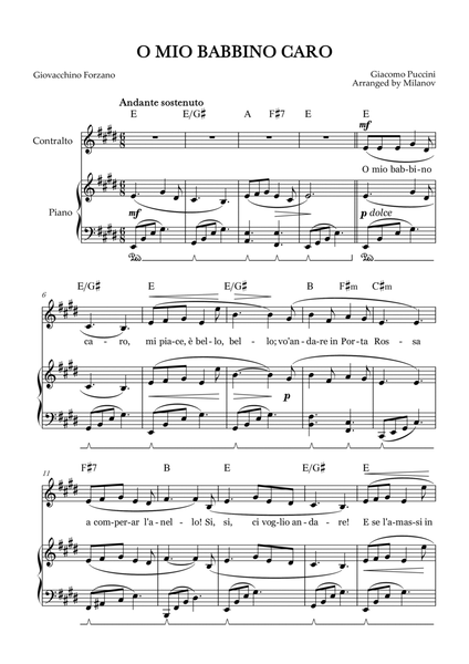 O Mio Babbino Caro | Female Voice Contralto | E Major | Piano accompaniment | Pedal | Chords image number null