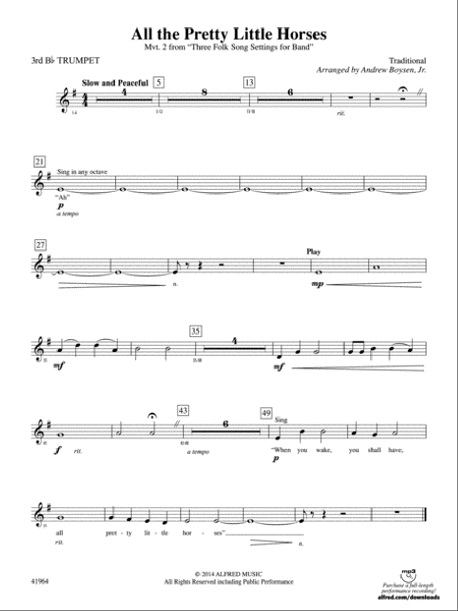 All the Pretty Little Horses: 3rd B-flat Trumpet Concert Band scores gallery preview page 1