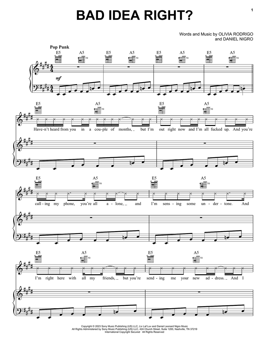 bad idea right? bad idea right? Piano, Vocal, Guitar scores gallery preview page 1