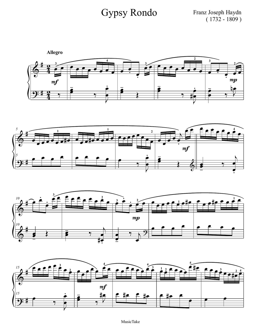 Haydn Gypsy Rondo Haydn Gypsy Rondo Easy Piano scores gallery preview page 1