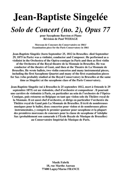 Jean-Baptiste Singelée: Solo de Concert (no. 2) pour saxophone baryton et piano