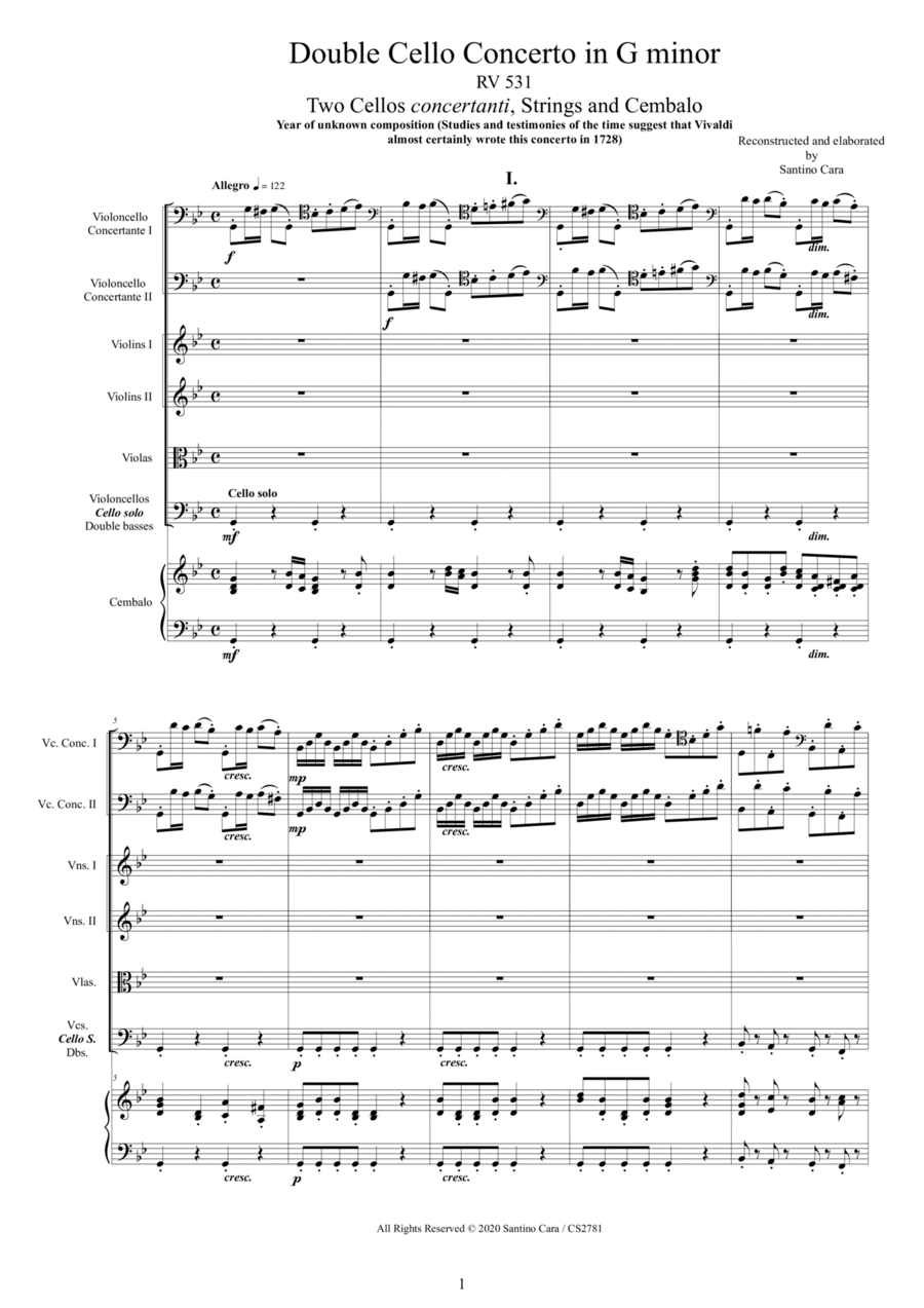 Vivaldi - Double Cello Concerto in G minor RV531 for Two Cellos, Strings and Cembalo Chamber Orchestra scores gallery preview page 1