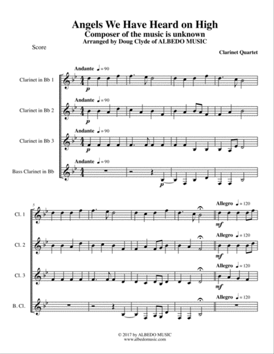Angels We Have Heard on High for Clarinet Quartet Clarinet Quartet scores gallery preview page 1