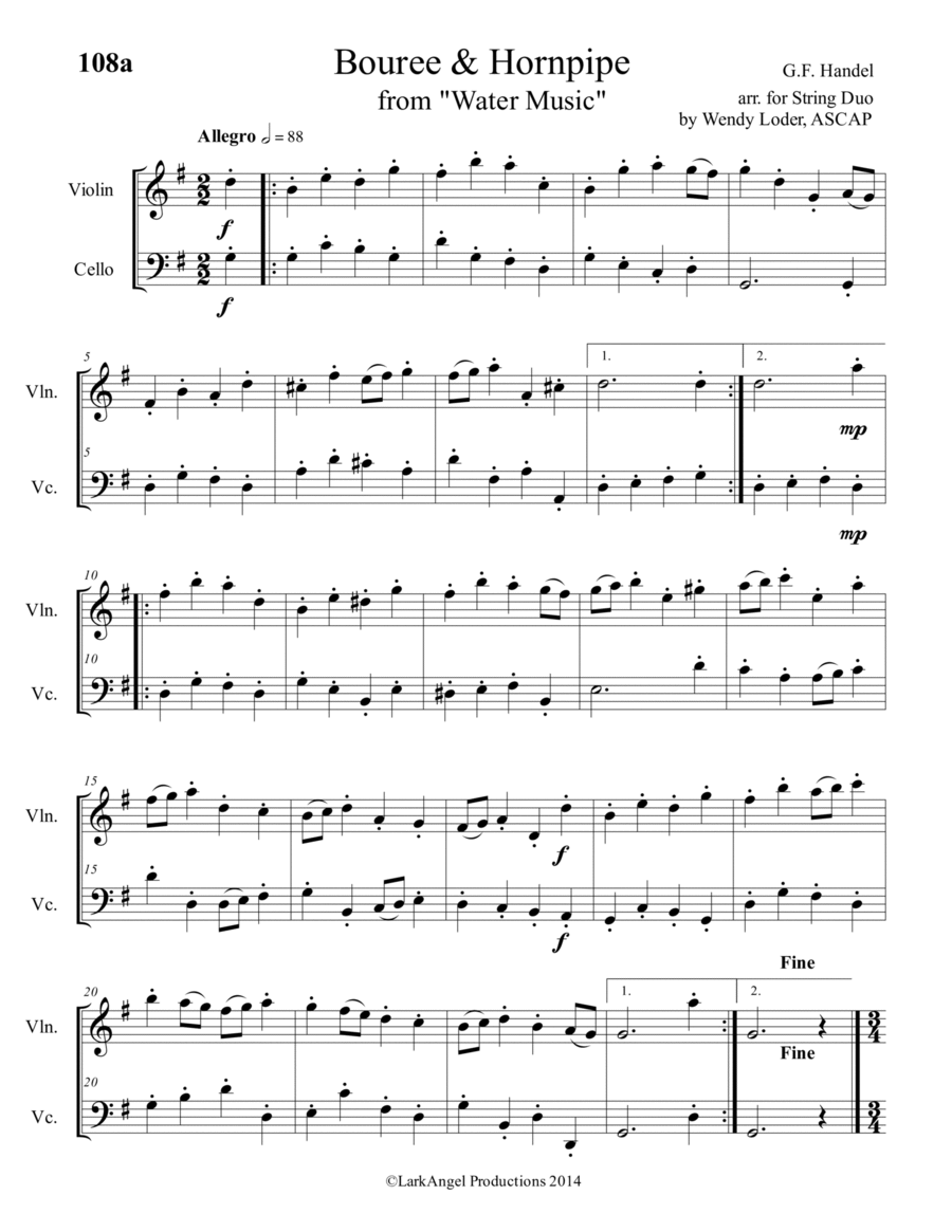 Bouree & Hornpipe (Water Music) for DUO (Violin & Cello)