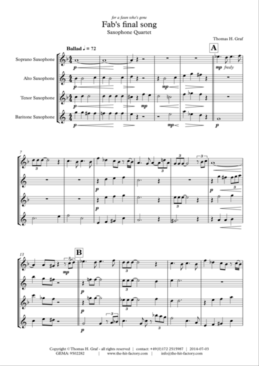 Fab's final song - Ballad - Saxophone Quartet Saxophone Quartet scores gallery preview page 1