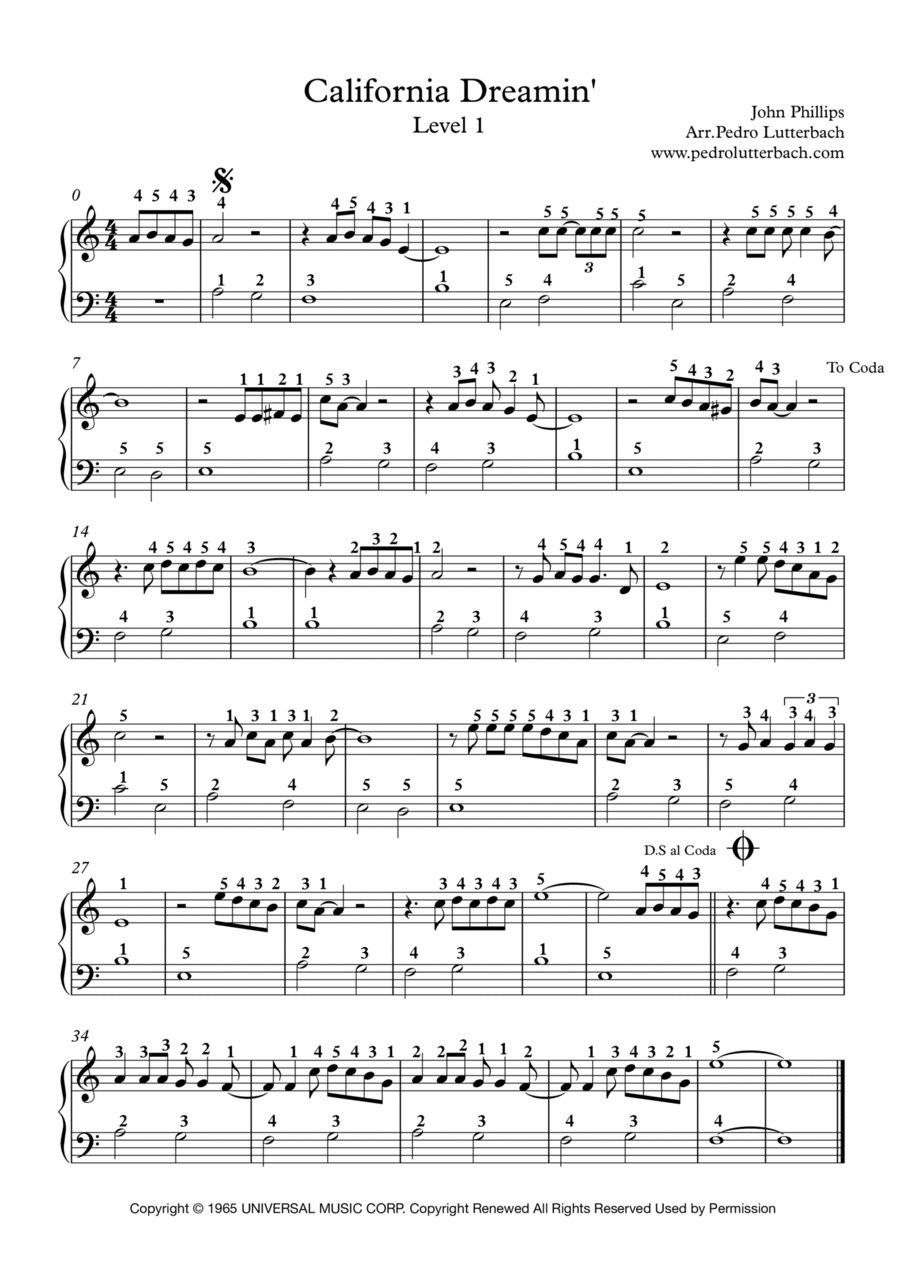 California Dreamin' California Dreamin' Easy Piano scores gallery preview page 1