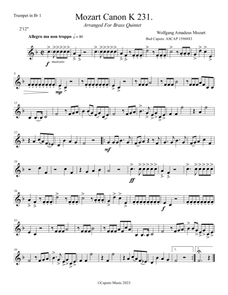 Mozart Canon K.231 Arranged for Brass Quintet image number null