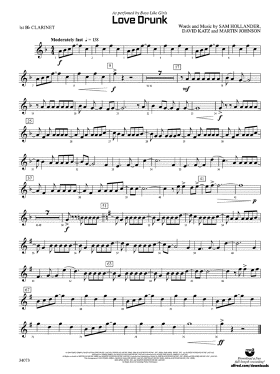 Love Drunk: 1st B-flat Clarinet Concert Band scores gallery preview page 1