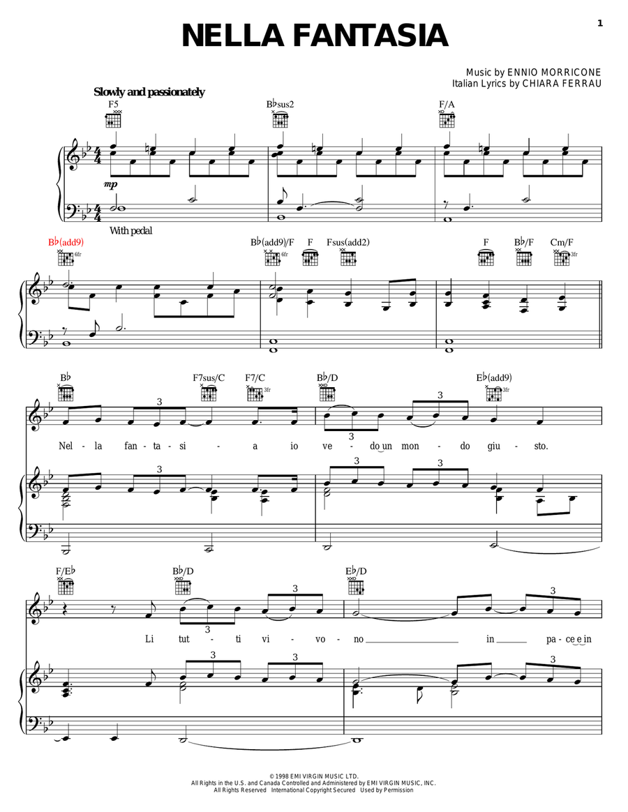 Nella Fantasia Nella Fantasia Piano, Vocal, Guitar scores gallery preview page 1