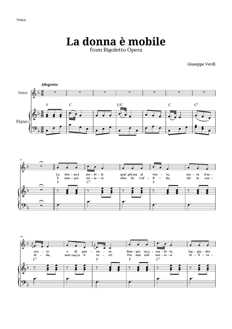 La donna è mobile in F major for Voice and Piano Piano, Vocal scores gallery preview page 1