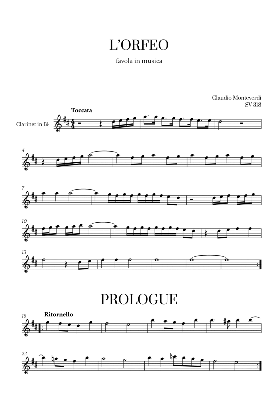 Monteverdi - l'Orfeo favola in musica SV 318 for Clarinet in Bb Solo B-Flat Clarinet scores gallery preview page 1
