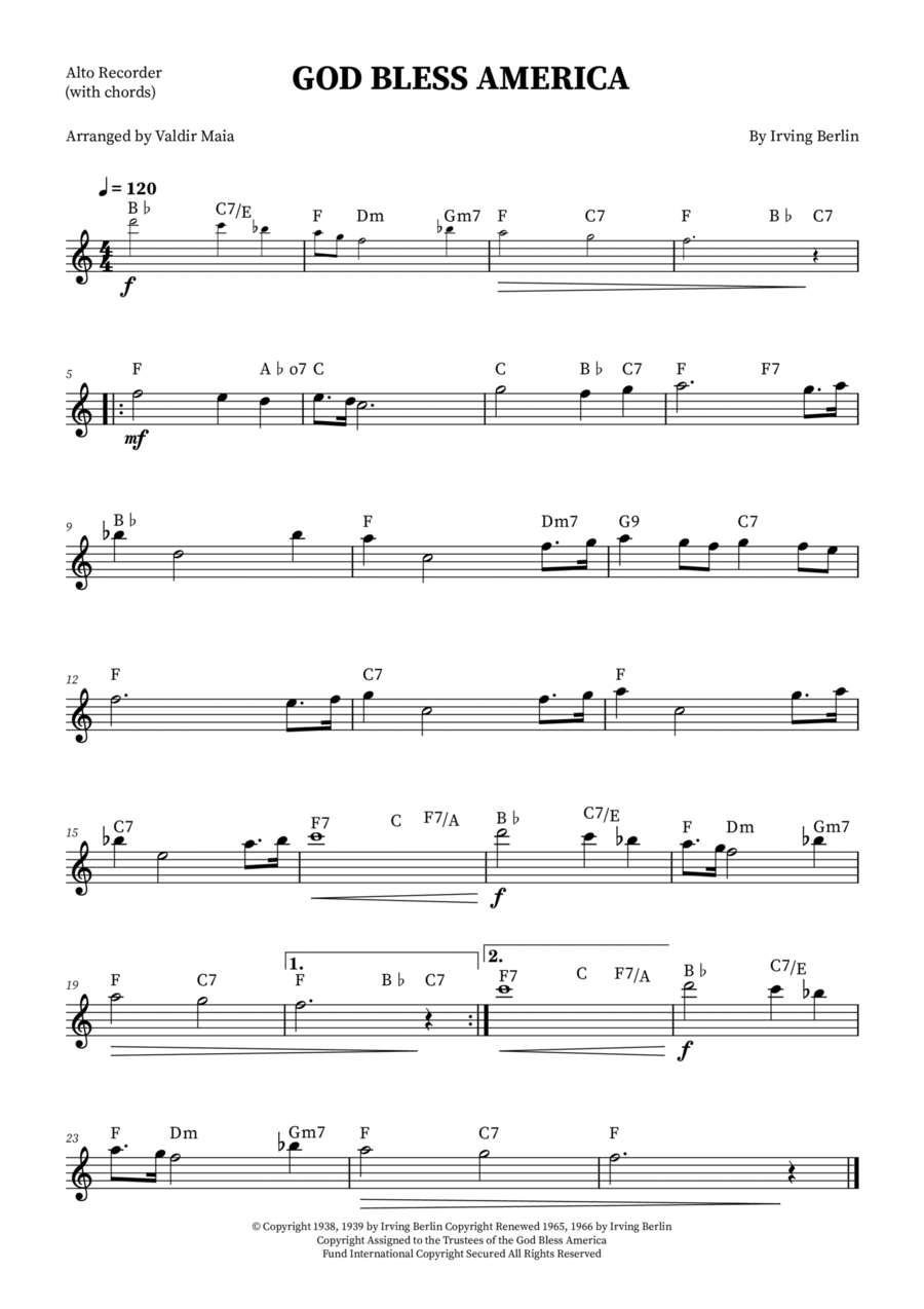God Bless America ® Alto Recorder scores gallery preview page 1