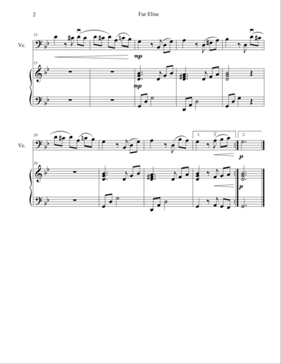 Fur Elise (Cello Solo with Piano Accompaniment) Piano scores gallery preview page 2