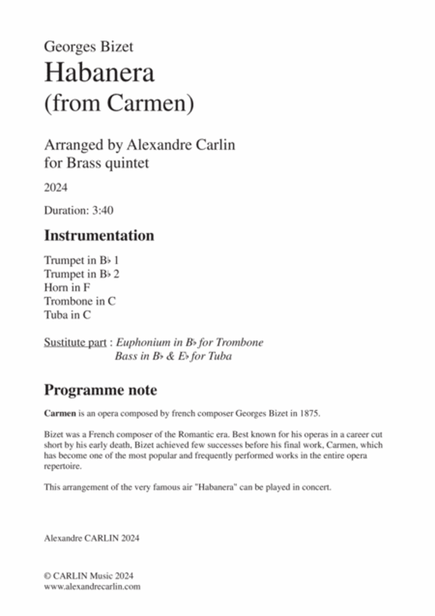 Habanera (from Carmen) by Georges Bizet - Arranged for Brass Quintet or Ensemble image number null