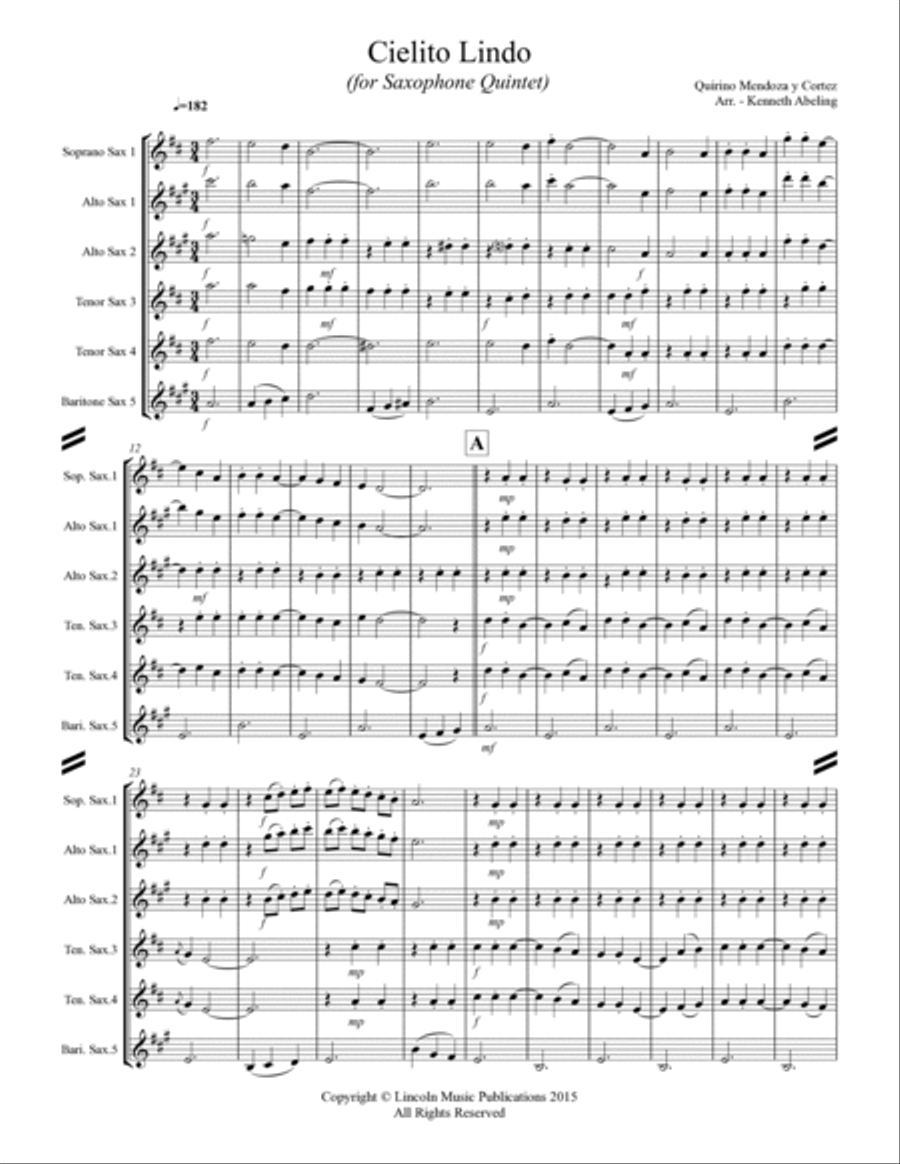 Cielito lindo (for Saxophone Quintet SATTB or AATTB) Saxophone Quintet scores gallery preview page 2